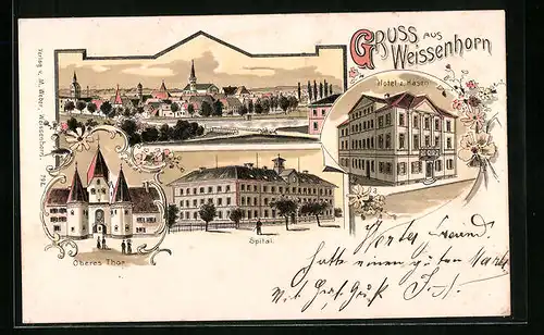 Lithographie Weissenhorn, Oberes Thor, Spital, Hotel z. Hasen, Totalansicht