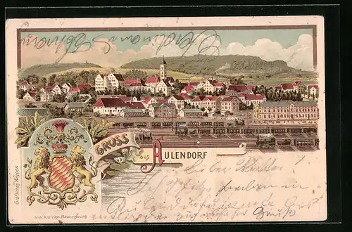 Lithographie Aulendorf, Totalansicht mit Bahnhof und Wappen