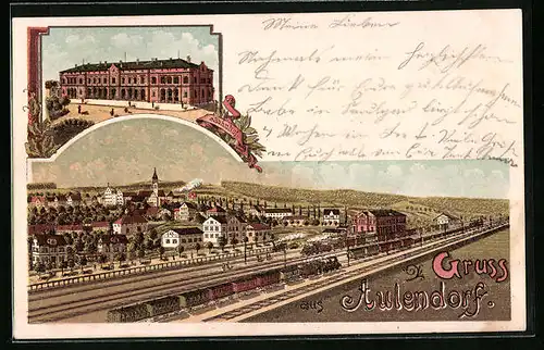 Lithographie Aulendorf, Bahnhof und Schule