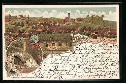 Lithographie Hürben, Gasthaus zur Charlottenhöhle, Eingang zur Höhle, Totalansicht