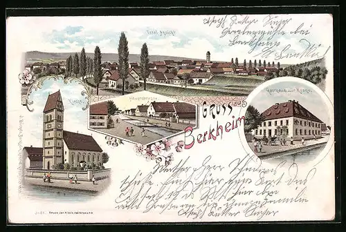 Lithographie Berkheim, Totalansicht, Hauptstrasse, Gasthaus zur Krone