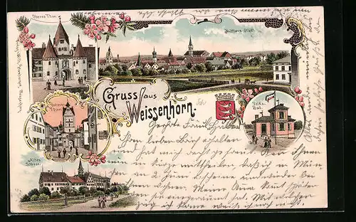 Lithographie Weissenhorn, Oberes und unterer Thor, Volksbad, Altes Schloss, Totalansicht