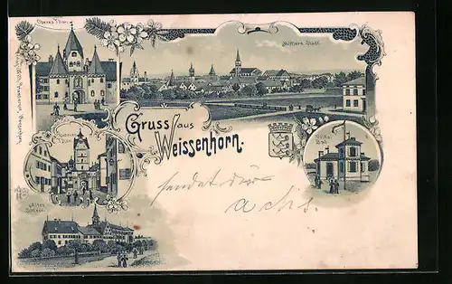 Lithographie Weissenhorn, Oberes und unterer Thor, Altes Schloss, Volksbad, Totalansicht