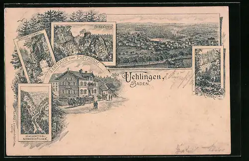 Lithographie Uehlingen /Baden, Falkenstein, Schluchttunnel, Gasthaus zum Posthorn, Allmuth Felsen