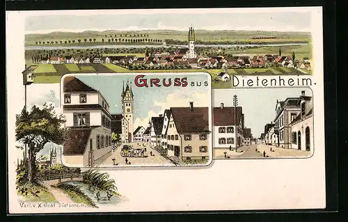 Lithographie Dietenheim, Strassenpartien und Totalansicht