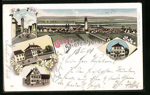 Lithographie Dietenheim, Apotheke und Handlung, Strassenpartie, Totalansicht