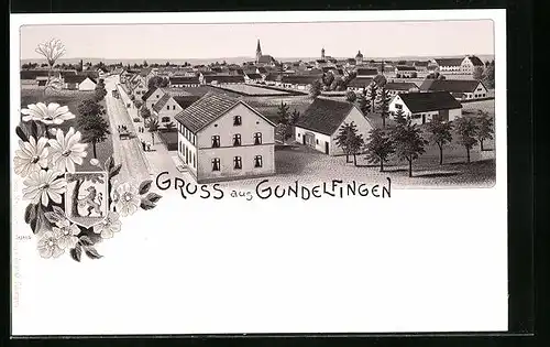 Lithographie Gundelfingen, Totalansicht aus der Vogelschau