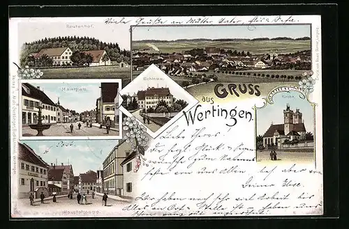 Lithographie Wertingen, Reutenhof, Marktplatz, Hauptstrasse, Kirche, Schloss