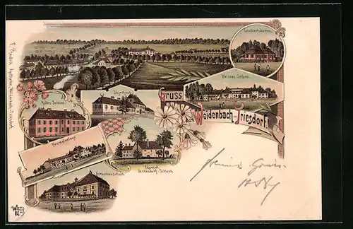 Lithographie Weidenbach-Triesdorf, Rotes Schloss, Cavalierhäuschen, Jägerhaus, Baumplantage