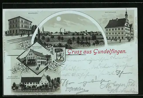 Mondschein-Lithographie Gundelfingen, Bahnhof, Rathaus, Schloss Schlachteck