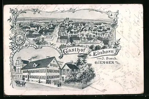 Lithographie Giengen a. Br., Gasthof z. Einhorn, Gesamtansicht