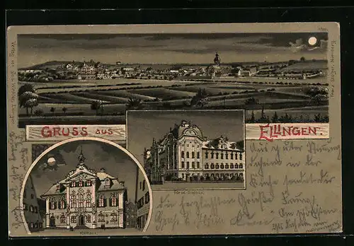 Mondschein-Lithographie Ellingen, Rathaus, Fürstl. Schloss, Totalansicht