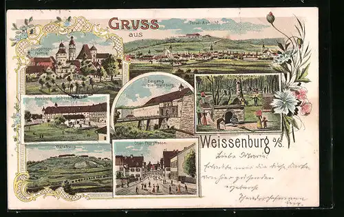 Lithographie Weissenburg a. S., Ellingerthorpartie, Wülzburg, Römerbrunnen