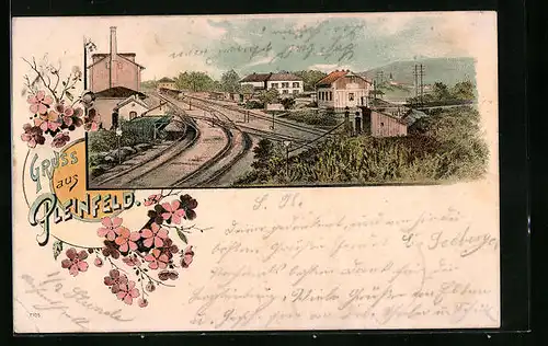 Lithographie Pleinfeld, Ortspartie mit Bahngleisen