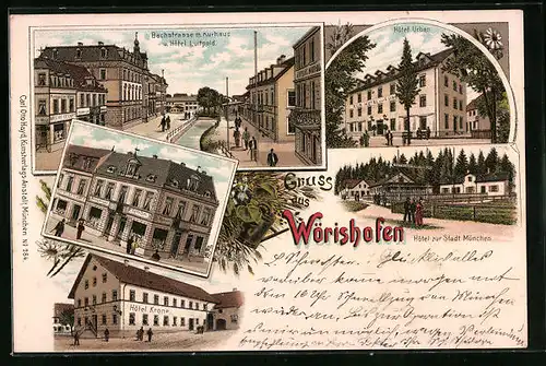 Lithographie Wörishofen, Bachstrasse mit Kurhaus, Hotels Luitpold, Krone, Urban und zur Stadt München