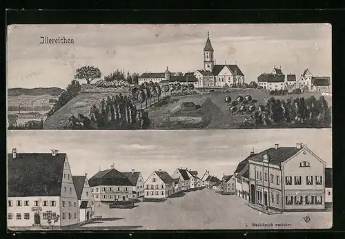 Künstler-AK sign. Hans Pernat: Illereichen, Apotheke, Strassenpartie, Kirche