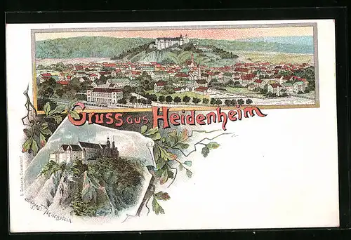Lithographie Heidenheim, Totalansicht mit Schloss Hellenstein