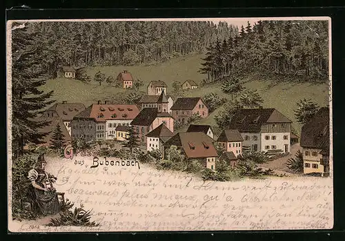 Lithographie Bubenbach, Ortsansicht aus der Vogelschau, Trachtenbild