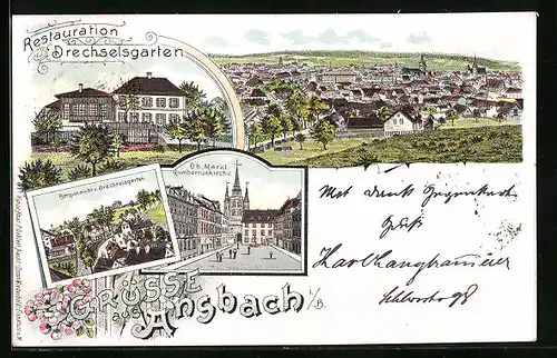 Lithographie Ansbach i. B., Restaurant Drechselgarten, Totalansicht