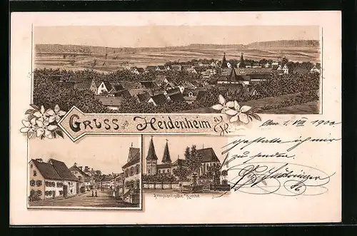 Lithographie Heidenheim, Totalansicht mit Protestantischer Kirche