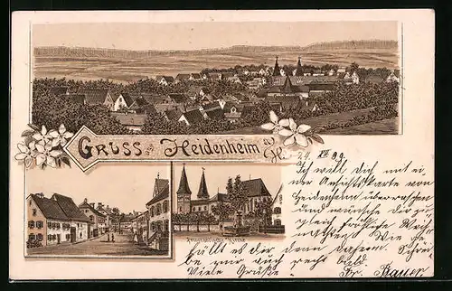 Lithographie Heidenheim a. H., Totalansicht mit protestantischer Kirche