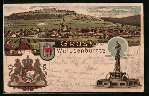 Lithographie Weissenburg i. S., Totalansicht, Ludwigsbrunnen, Wappen mit bayrischen Löwen