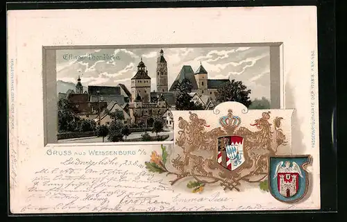 Passepartout-Lithographie Weissenburg a. S., Ellinger-Thor-Partie mit Wappen