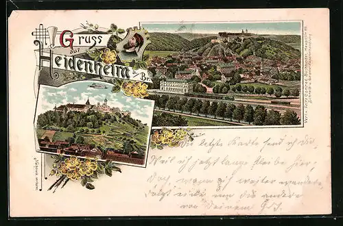Lithographie Heidenheim a. Brz., Totalansicht mit Schloss Hellenstein