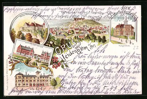 Lithographie Heidenheim a. Brz., Schloss Hellenstein, Bezirkskrankenhaus, Postgebäude, Bahnhof