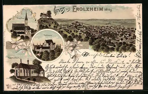 Lithographie Erolzheim i. Wttbg., Kirche, Schloss, Kapellenberg