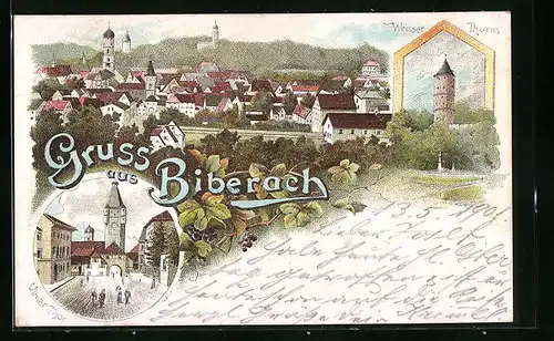 Lithographie Biberach, Strassenpartie am Ulmer Thor, Weisser Turm, Panorama