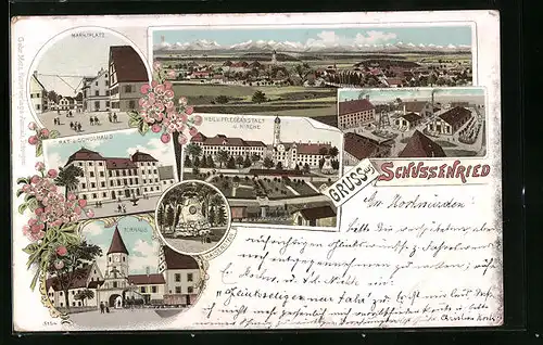 Lithographie Schussenried, Marktplatz, Rat- und Schulhaus, Torhaus, Wilhelmshütte, Panorama