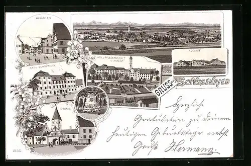 Lithographie Schussenried, Marktplatz, Rat- und Schulhaus, Torhaus und Kolonie