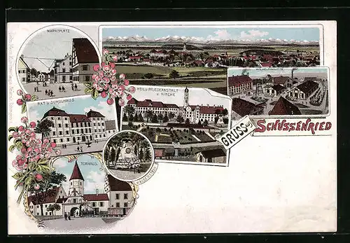 Lithographie Schussenried, Marktplatz, Rat- und Schulhaus, Torhaus, Wilhelmshütte