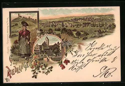 Lithographie Riedlingen, Bussen, Trachtenbbild, Totalansicht