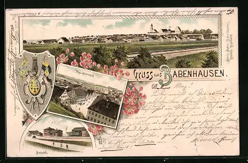Lithographie Babenhausen, Bahnhof, Hauptstrasse, Totalansicht