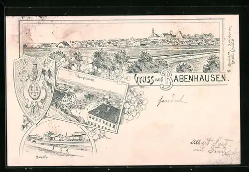 Lithographie Babenhausen, Hauptstrasse, Bahnhof, Panorama