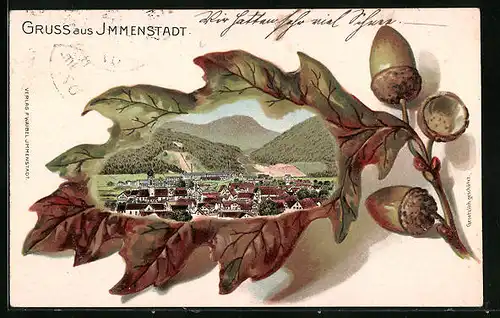 Passepartout-Lithographie Immenstadt, Totalansicht mit Eichenblatt