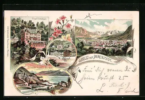 Lithographie Immenstadt, Friedrichsbad, Gesellschaftshaus, Grosser Alpsee mit Bphl