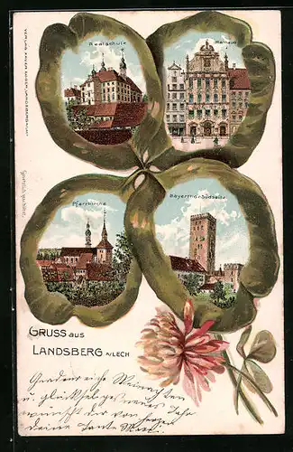 Passepartout-Lithographie Landsberg am Lech, Realschule, Rathaus, Pfarrkirche, Bayerthor, Kleeblatt
