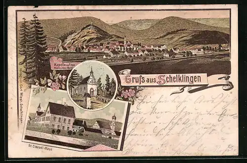 Lithographie Schelklingen, Kapelle auf dem Herz-Jesu-Berg, St. Condradi-Haus, Totalansicht