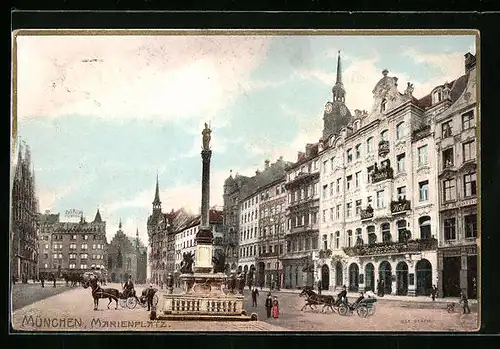 Präge-AK München, Marienplatz mit Hotel Peterhof