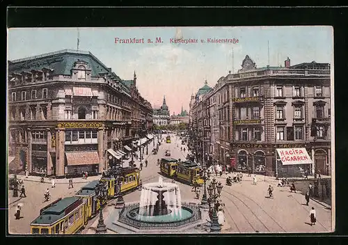 AK Frankfurt a. M., Kaiserplatz und Kaiserstrasse, Strassenbahnen am Hapag-Haus