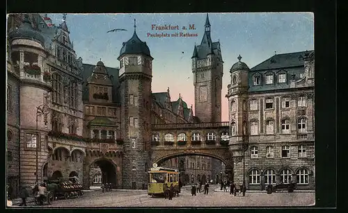 AK Frankfurt a. M., Paulsplatz mit Rathaus und Strassenbahn