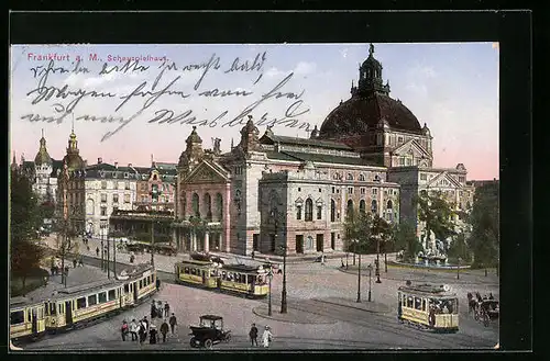 AK Frankfurt a. M., Strassenbahnen vor dem Schauspielhaus