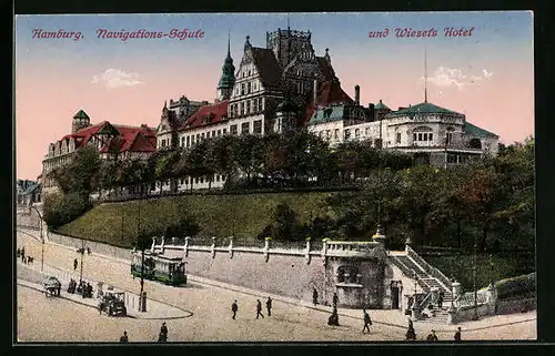 AK Hamburg-St.Pauli, Navigations-Schule und Wiezels Hotel, Strassenbahn
