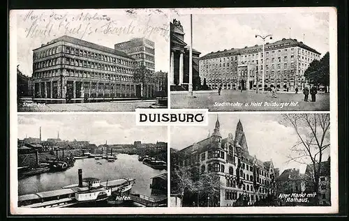 AK Duisburg, Stadttheater und Hotel Duisburger Hof, Hafen