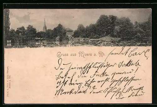 AK Moers a. Rh., Blick über einen Teich zum Kirchturm