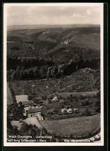 AK Pansfelde /Harz, Wald-Gasthaus Gartenhaus mit Burg Falkenstein