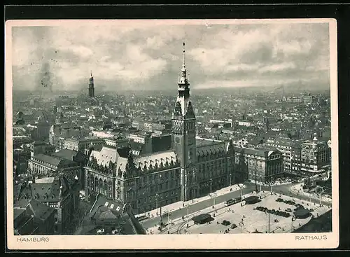 AK Hamburg, Ortspartie am Rathaus aus der Vogelschau